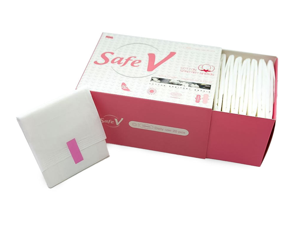 Safe V Sanitary Napkin 3 Pack Natural Cotton with Active Oxygen, Negative Ion, Ultra Thin, High Absorbency, Leak-Proof, Chlorine Free