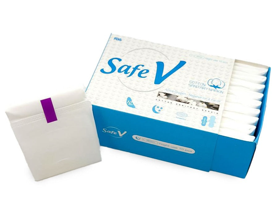 Safe V Sanitary Napkin 3 Pack Natural Cotton with Active Oxygen, Negative Ion, Ultra Thin, High Absorbency, Leak-Proof, Chlorine Free