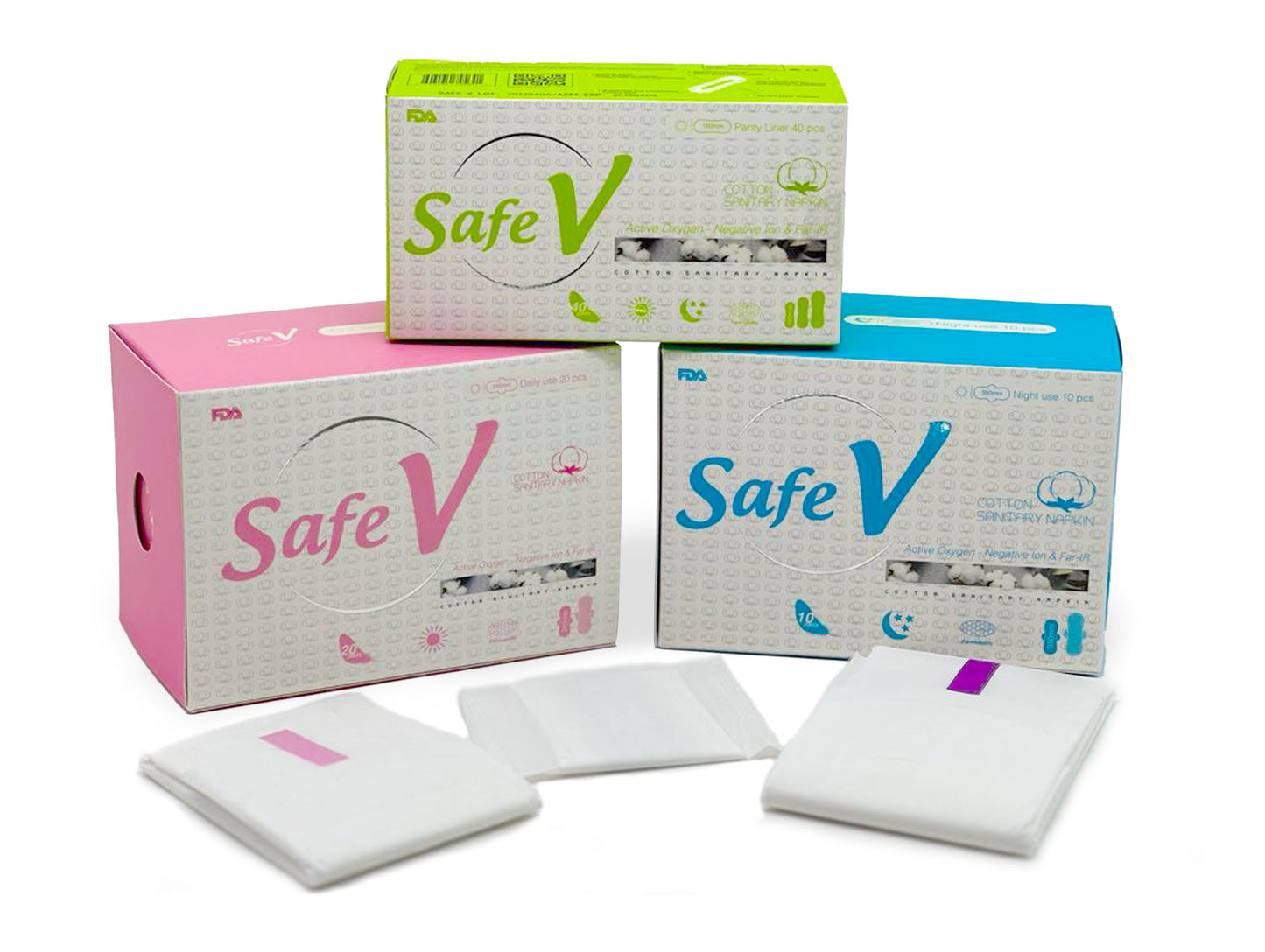 Safe V Sanitary Napkin 3 Pack Natural Cotton with Active Oxygen, Negative Ion, Ultra Thin, High Absorbency, Leak-Proof, Chlorine Free