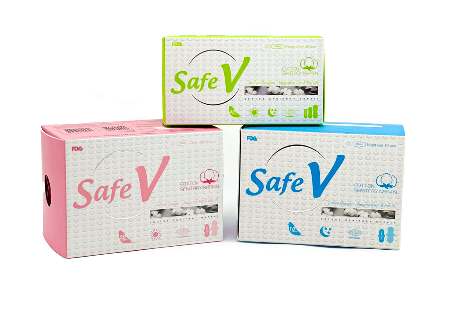 Safe V Sanitary Napkin 3 Pack Natural Cotton with Active Oxygen, Negative Ion, Ultra Thin, High Absorbency, Leak-Proof, Chlorine Free