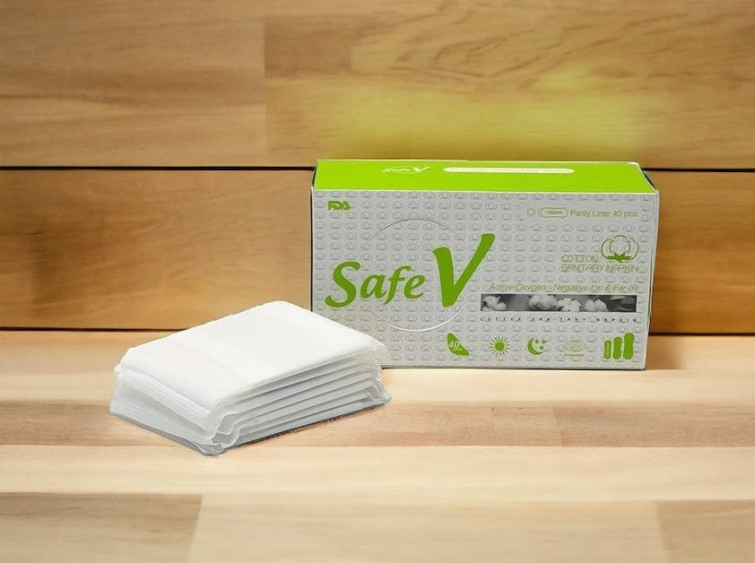 Safe V Sanitary Napkin 3 Pack Natural Cotton with Active Oxygen, Negative Ion, Ultra Thin, High Absorbency, Leak-Proof, Chlorine Free