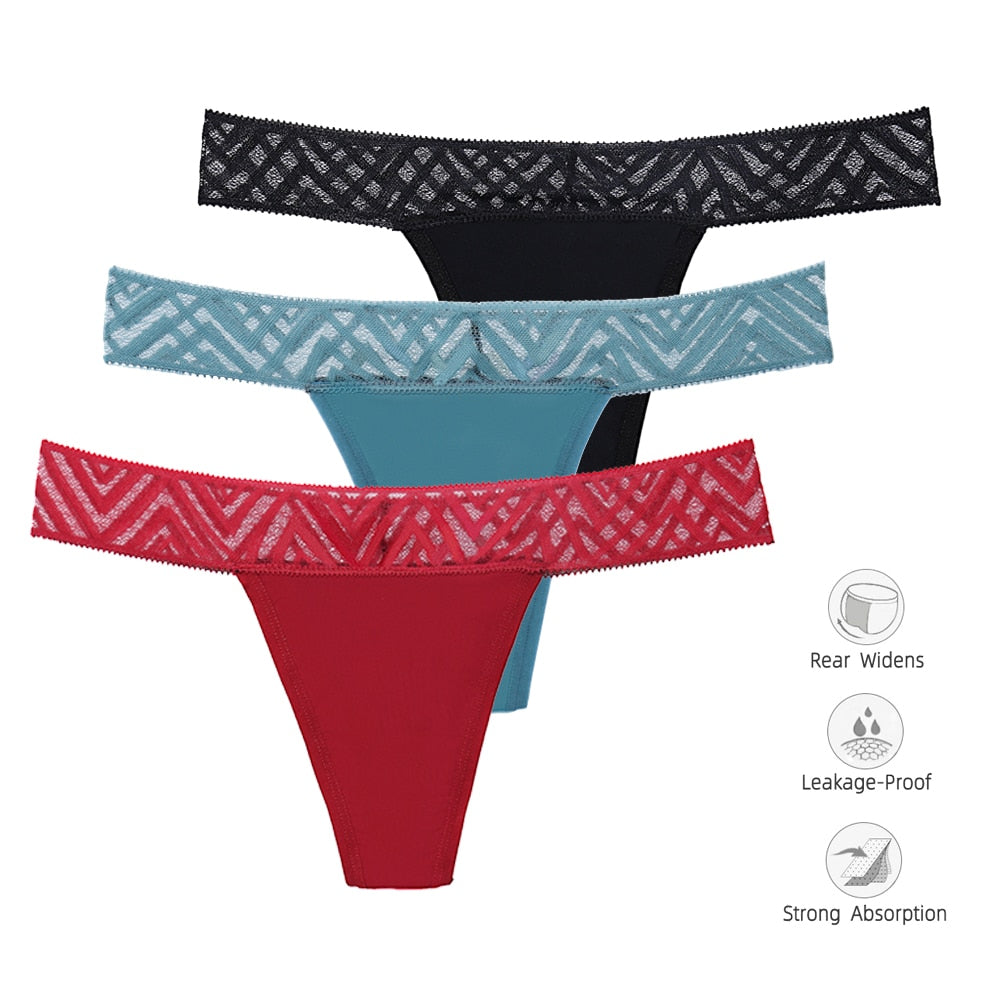 Safe V 3 Pcs Menstrual Briefs Lace Panties Leakproof Physiological Period Four Layers T Back Solid Color G String Sexy Women Underwear