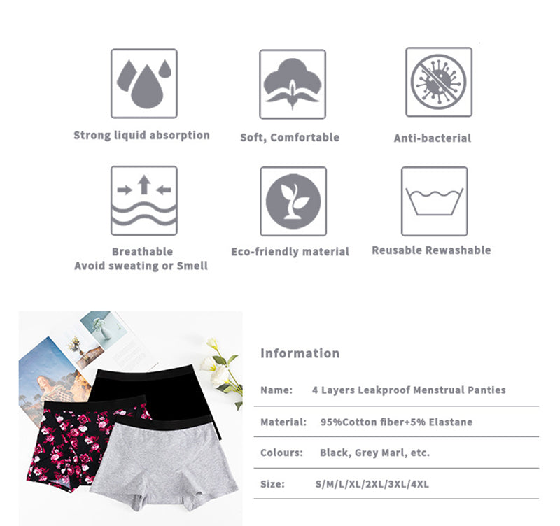 Safe V Women’s Boyshort Underwear 4 Layers Leak Proof Asorbent Undies Incontinence Panties Waterproof Sporty Cotton Assorted Dropship