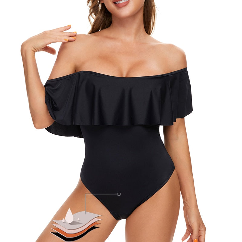 Safe V Female Solid Black Ruffled One-piece Swimsuit Women Sexy Lace Up Monokini Swimwear 2022 New Girl Beach Bathing Suits