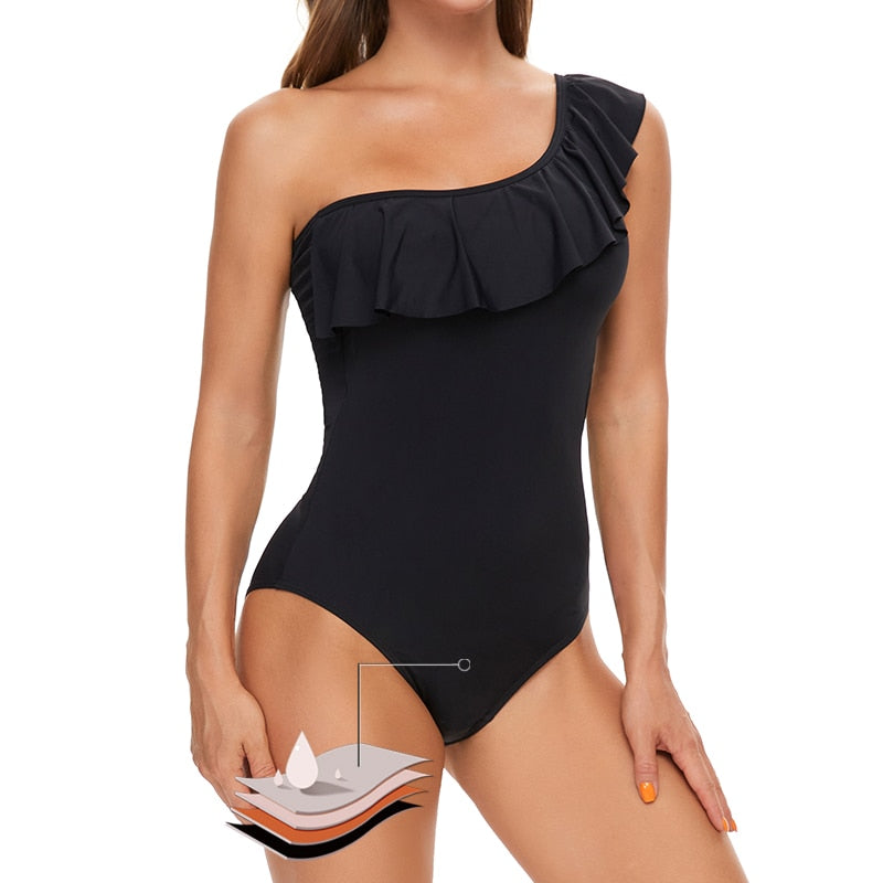 Safe V Female Solid Black Ruffled One-piece Swimsuit Women Sexy Lace Up Monokini Swimwear 2022 New Girl Beach Bathing Suits