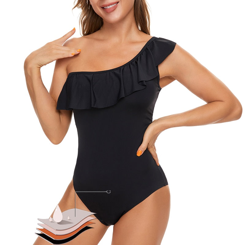 Safe V Female Solid Black Ruffled One-piece Swimsuit Women Sexy Lace Up Monokini Swimwear 2022 New Girl Beach Bathing Suits